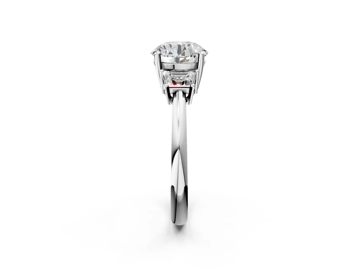 Round Cut Diamond Three-Stone Ring with Trapezoid Side Stones and Prong Setting White gold