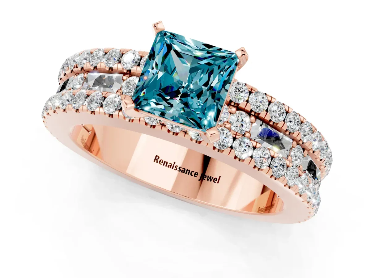 Princess Cut Blue Topaz Solitaire Ring with Pavé and Channel Set Band Rose gold