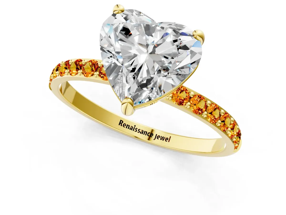 Heart Cut Diamond Solitaire Ring with Round Citrine Pavé Band and Prong Setting Yellow gold