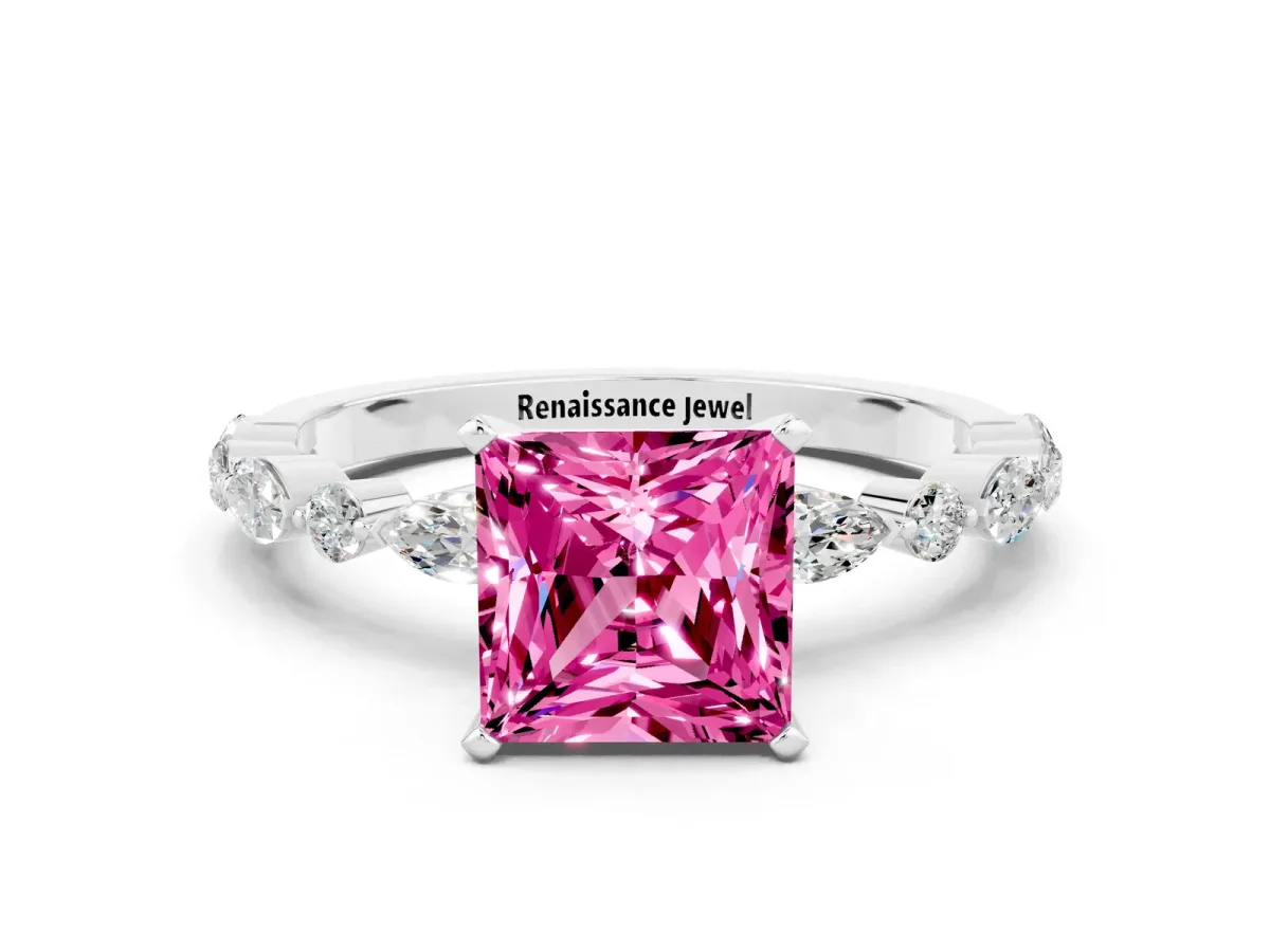 Princess Cut Pink Sapphire Ring with Marquise and Round Side Stones and Four-Prong Setting White gold