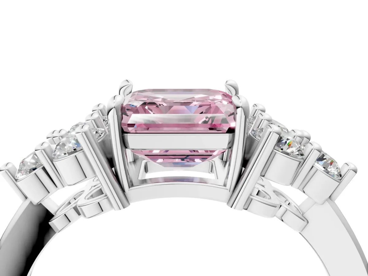 Fancy Pink Asscher Cut Brilliant Diamond Cluster Accent Solitaire Ring with Prong Setting Platinum