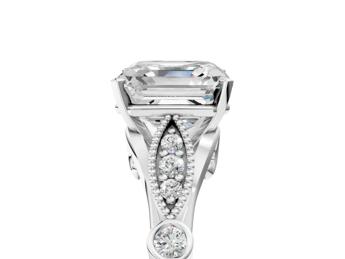 Asscher Cut Cut Diamond with Milgrain Marquise and Bezel Accents on a Solitaire Band with Prong Setting Silver
