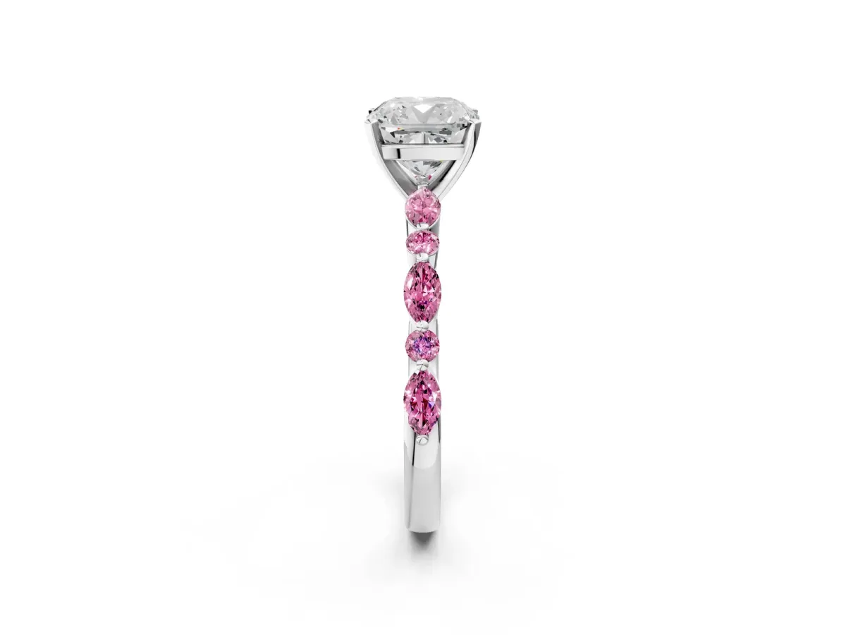 Cushion Cut Diamond Ring with Marquise and Round Pink Sapphire Side Stones and Four-Prong Setting Platinum