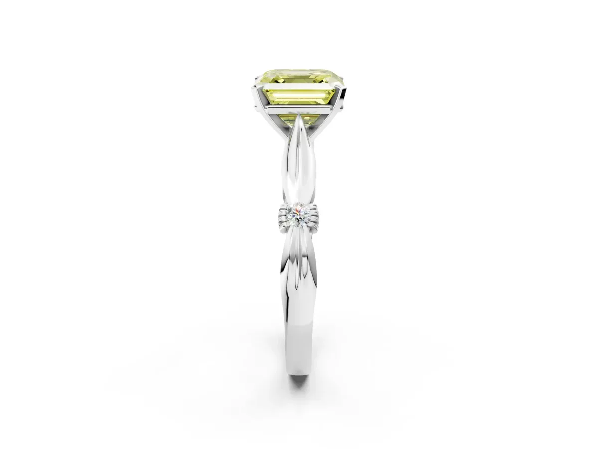 Fancy Yellow Asscher Cut Solitaire Diamond Twisted Band with Four-Prong Setting Platinum
