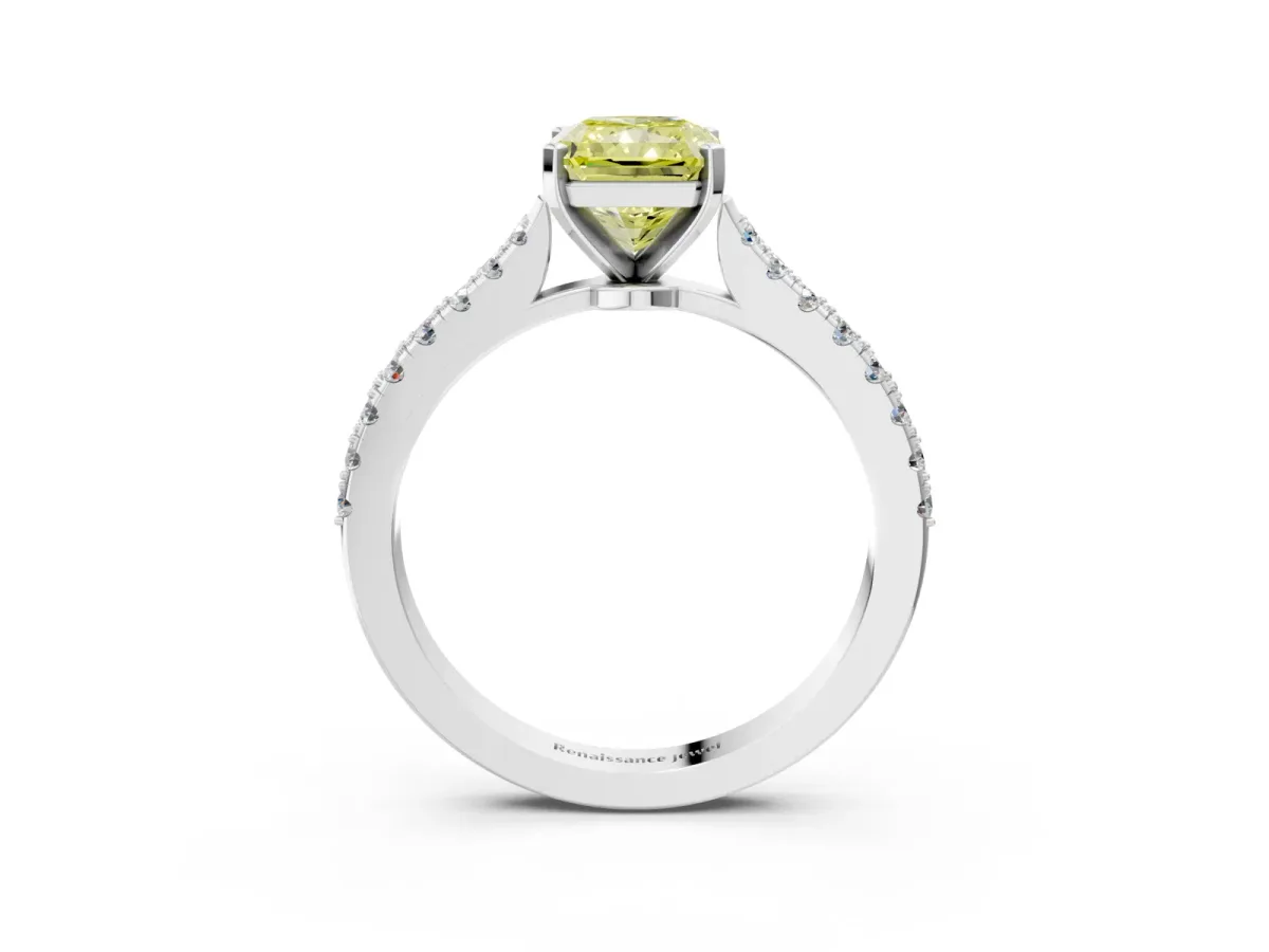 Fancy Yellow Radiant Cut Cut Solitaire Diamond Engagement Ring with Pave Band and Four-Prong Setting White gold