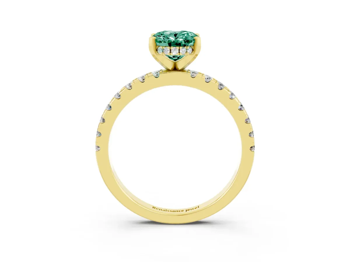 Oval Cut Green Sapphire Solitaire Ring with Round Pavé Band and Four-Prong Setting Yellow gold