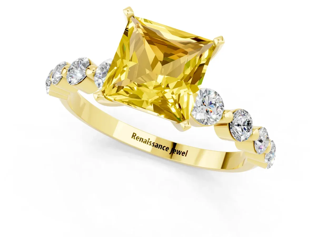 Princess Cut Solitaire Yellow Sapphire Ring with Pave Band and Four-Prong Setting Yellow gold
