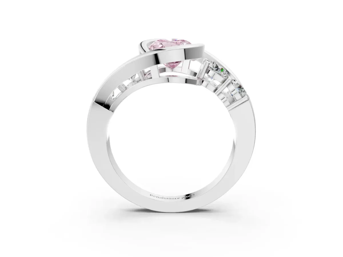 Fancy Pink Bezel Set Oval Cut Diamond Bypass Ring with Round Accents Silver