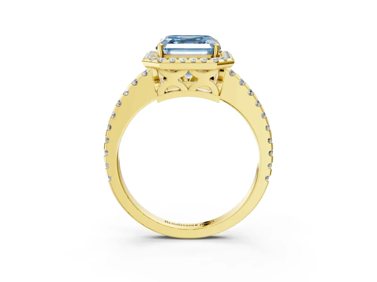 Fancy Blue Asscher Cut Diamond Halo Engagement Ring with Pavé Band and Prong Setting Yellow gold