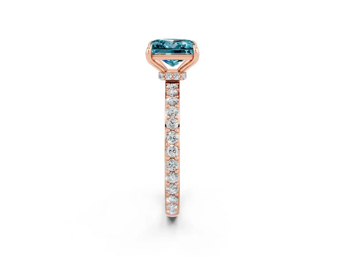 Princess Cut Blue Topaz Solitaire Engagement Ring with Pavé Band and Four-Prong Setting Rose gold