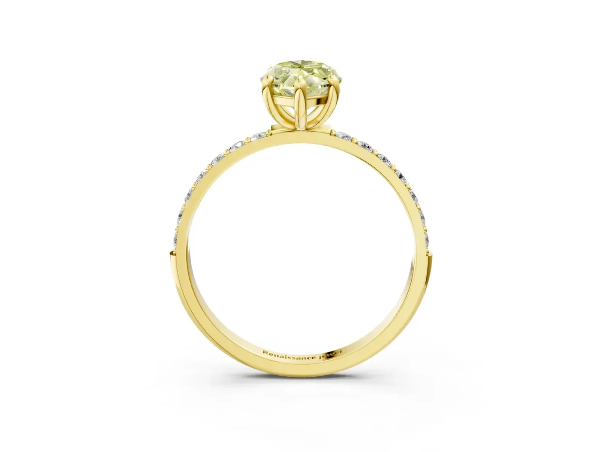 Fancy Yellow Marquise Cut Diamond Solitaire Ring with Round Pavé Band and Prong Setting Yellow gold