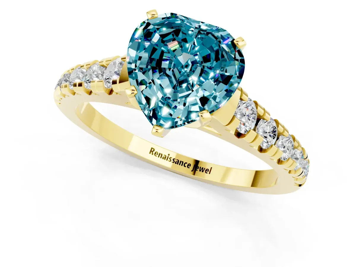 Heart Cut Blue Topaz Cathedral Solitaire Ring with Round Pavé Band Yellow gold