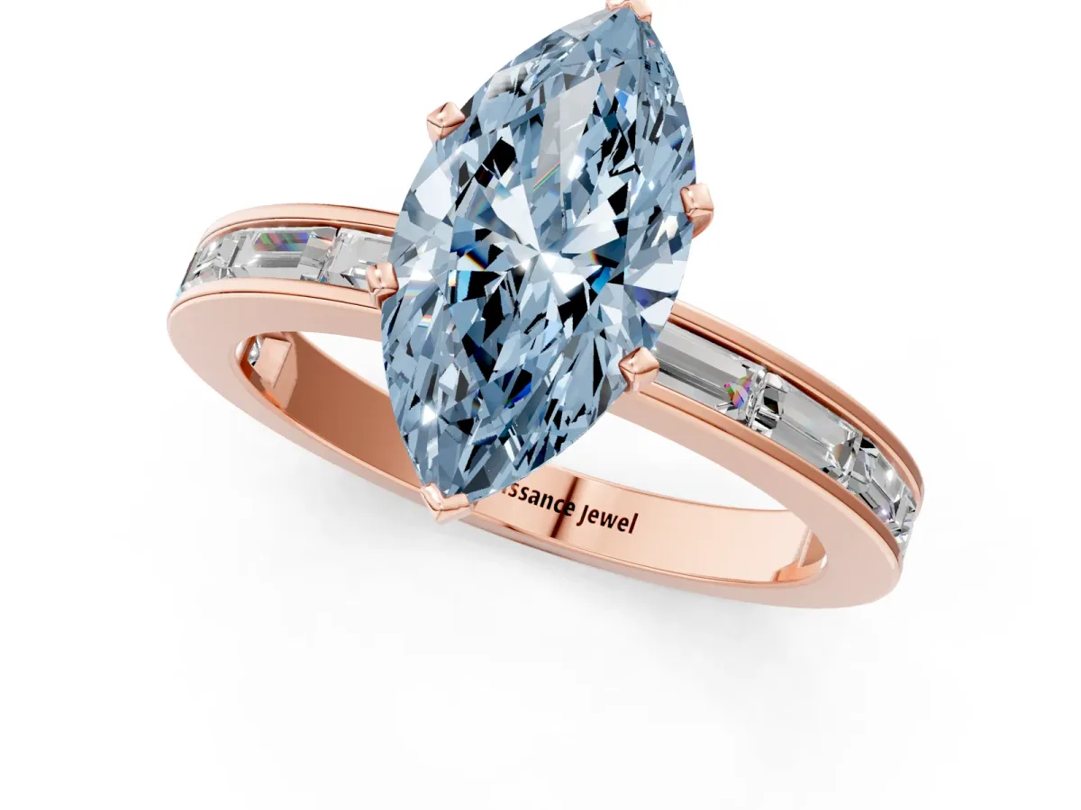 Fancy Blue Marquise Cut Solitaire Diamond Ring with Channel-Set Baguette Band and Four-Prong Setting Rose gold