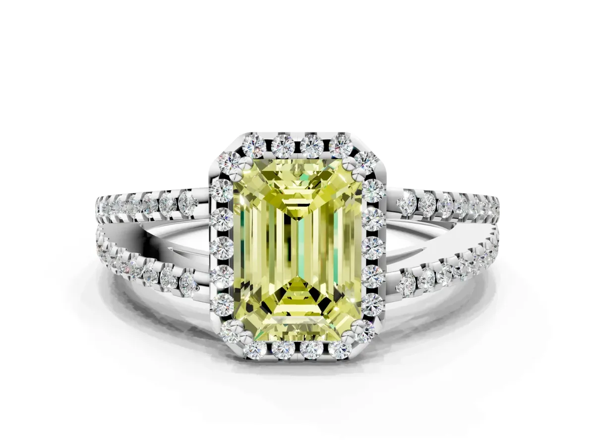 Fancy Yellow Emerald Cut Diamond Halo Split Shank Engagement Ring Platinum