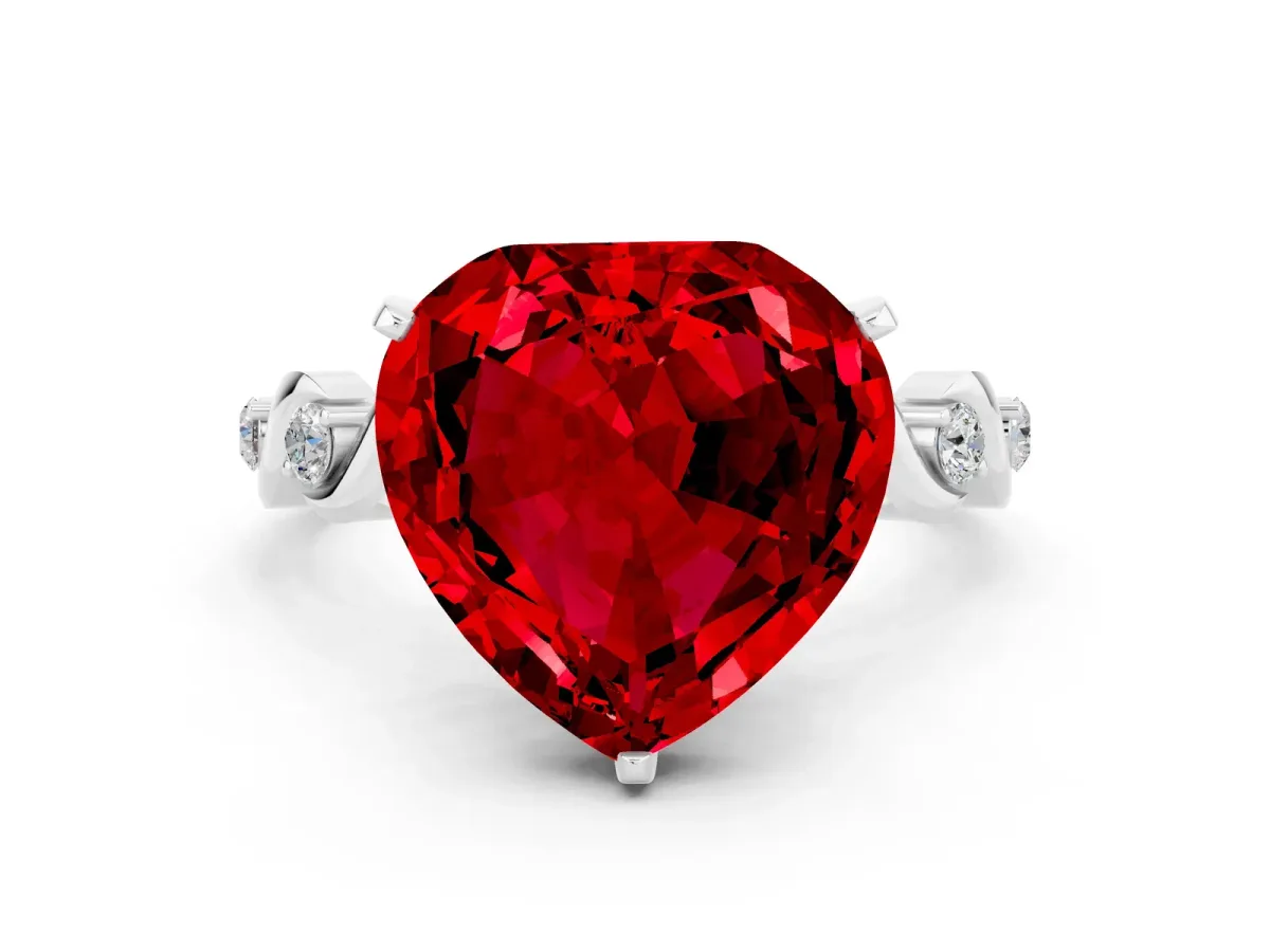 Heart Cut Ruby Solitaire Twisted Band with Round Accents and Prong Setting Silver