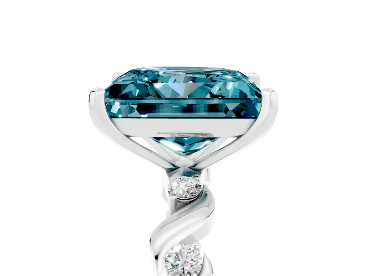 Princess Cut Blue Topaz Solitaire Twisted Band with Round Accents and Prong Setting White gold