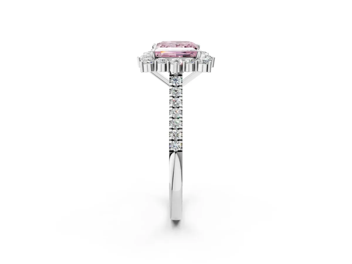 Fancy Pink Princess Cut Halo Diamond Ring with Pavé Band and Prong Setting White gold