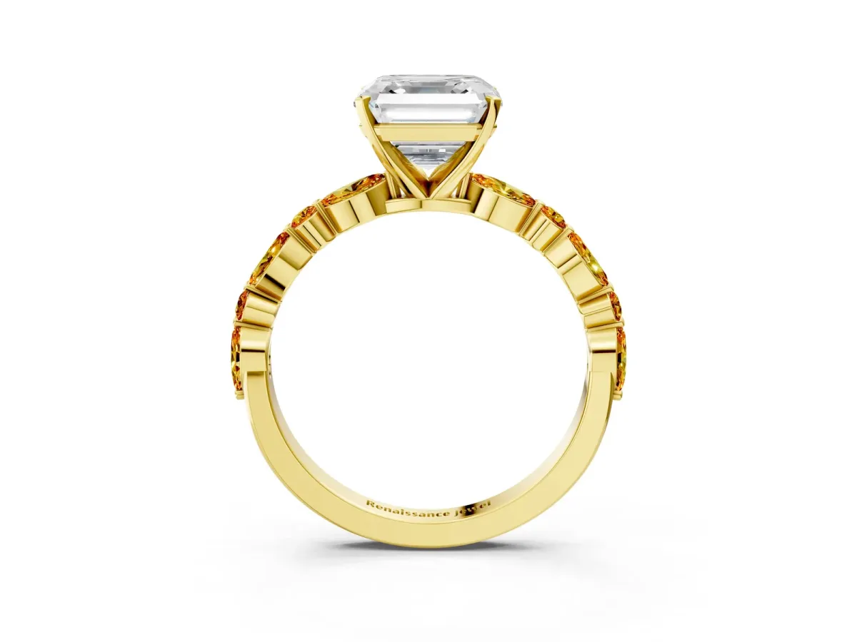 Asscher Cut Diamond Ring with Marquise and Round Citrine Side Stones and Four-Prong Setting Yellow gold