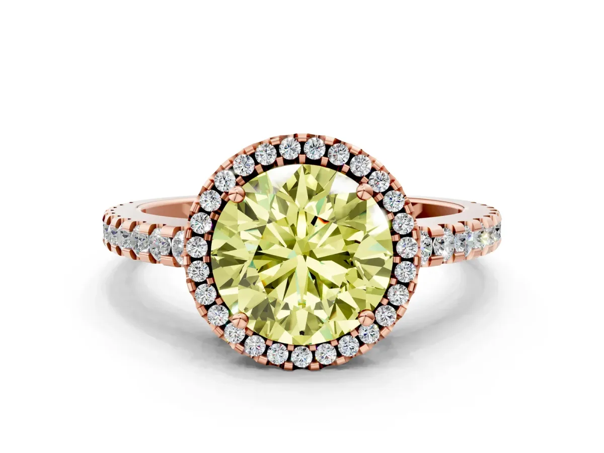 Fancy Yellow Round Cut Diamond Halo Engagement Ring with Pavé Band and Prong Setting Rose gold