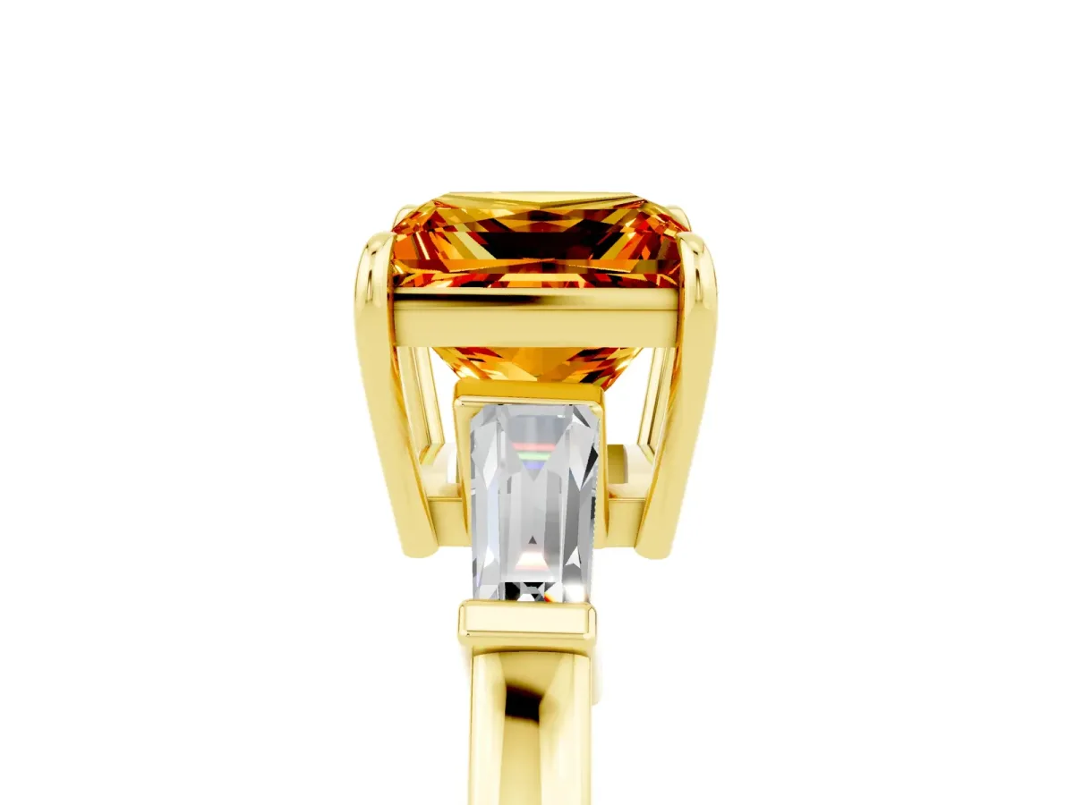 Princess Cut Citrine Three-Stone Ring with Tapered Baguette Side Stones and Prong Setting Yellow gold