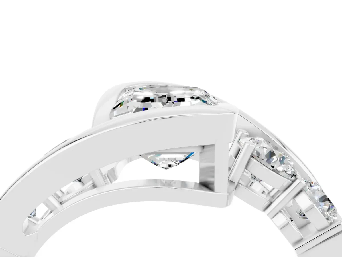 Bezel Set Emerald Cut Moissanite Bypass Ring with Round Accents Platinum