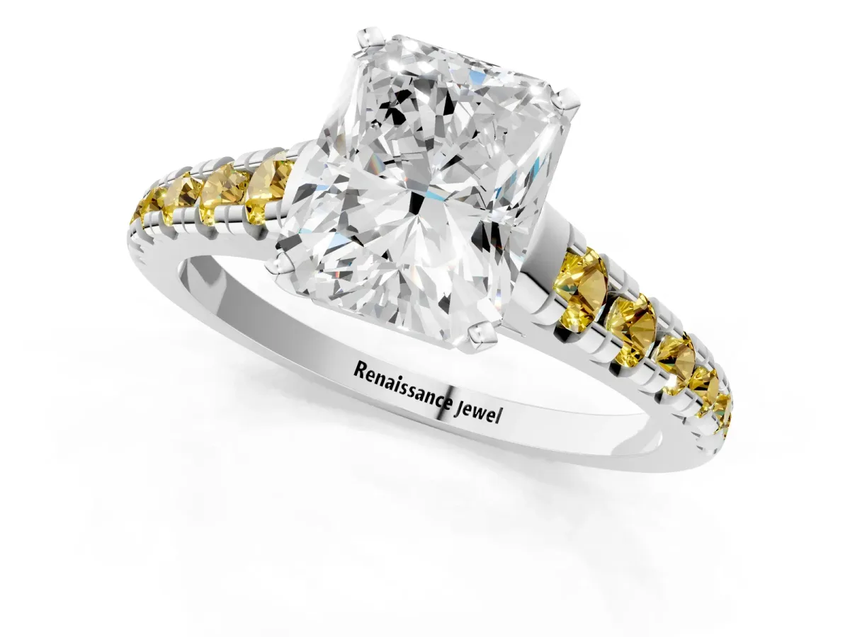 Radiant Cut Diamond Cathedral Solitaire Ring with Round Yellow Sapphire Pavé Band White gold