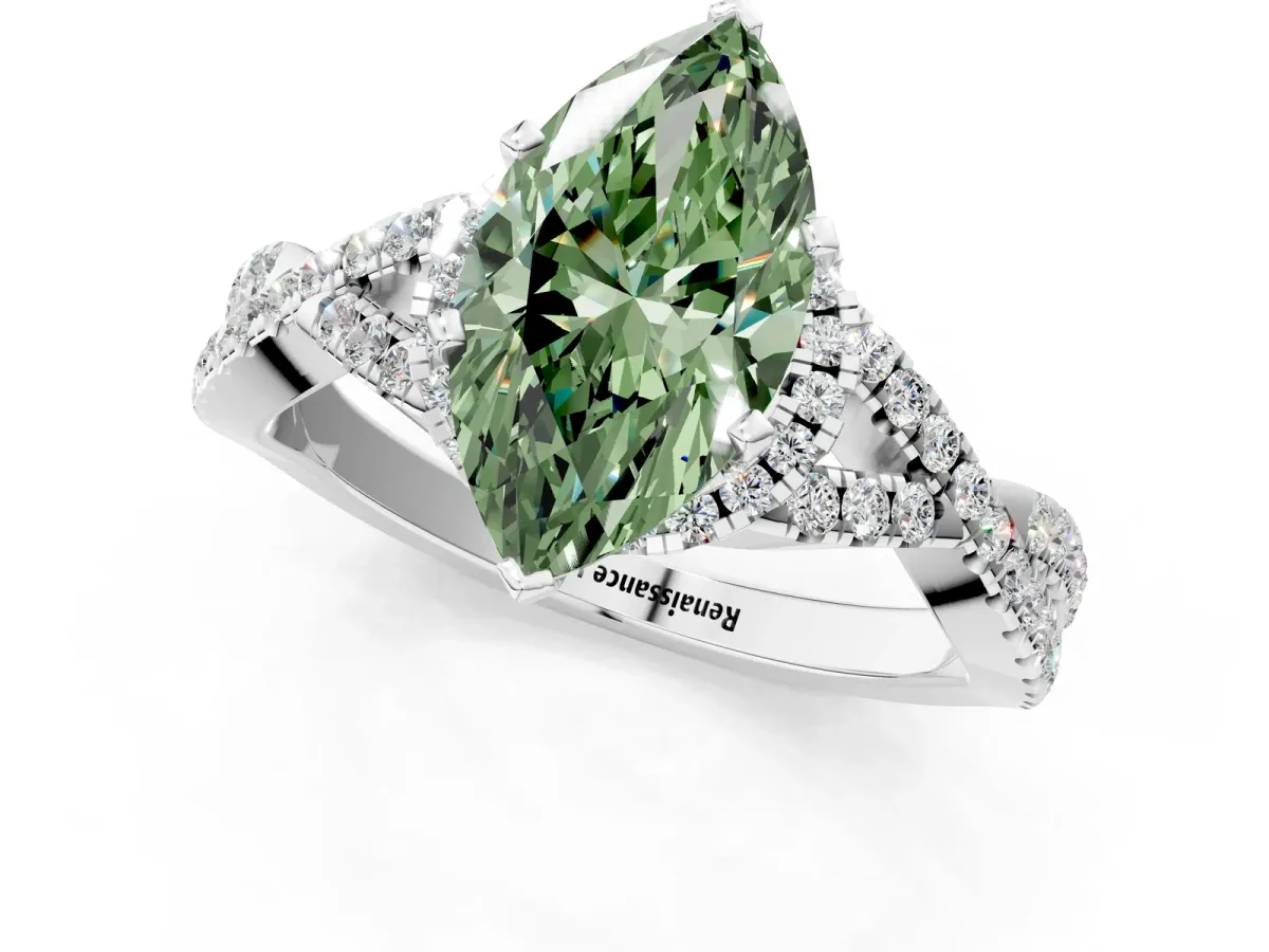 Fancy Green Heart Cut Diamond Halo Twist Band Solitaire Prong Setting Ring White gold