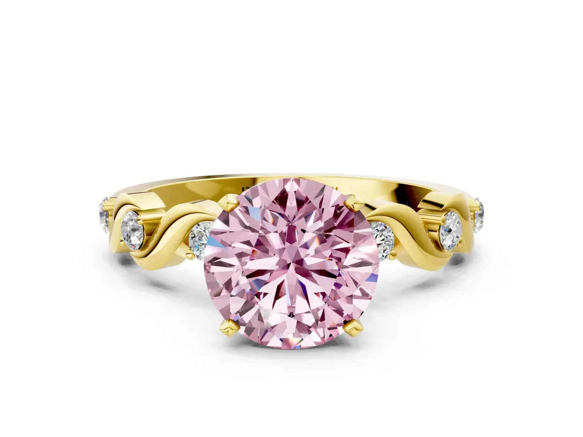 Fancy Pink Round Cut Diamond Solitaire Twisted Band with Round Accents and Prong Setting Yellow gold