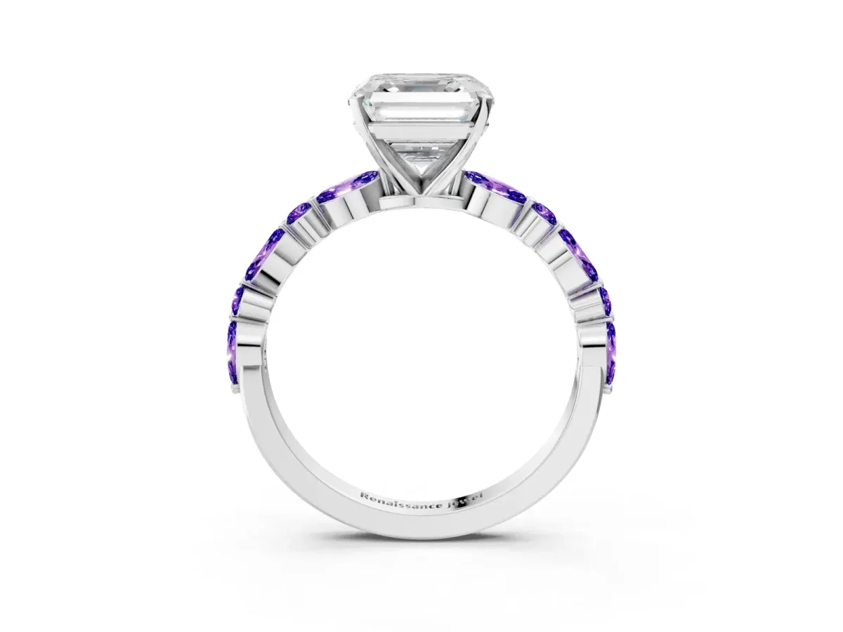 Asscher Cut Diamond Ring with Marquise and Round Tanzanite Side Stones and Four-Prong Setting White gold