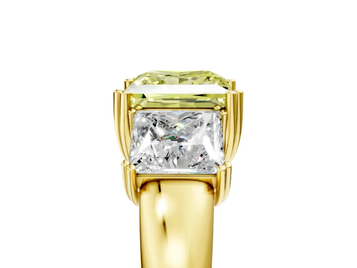 Fancy Yellow Three-Stone Princess Cut Cut Diamond Ring with Channel Set Band and Four-Prong Setting Yellow gold