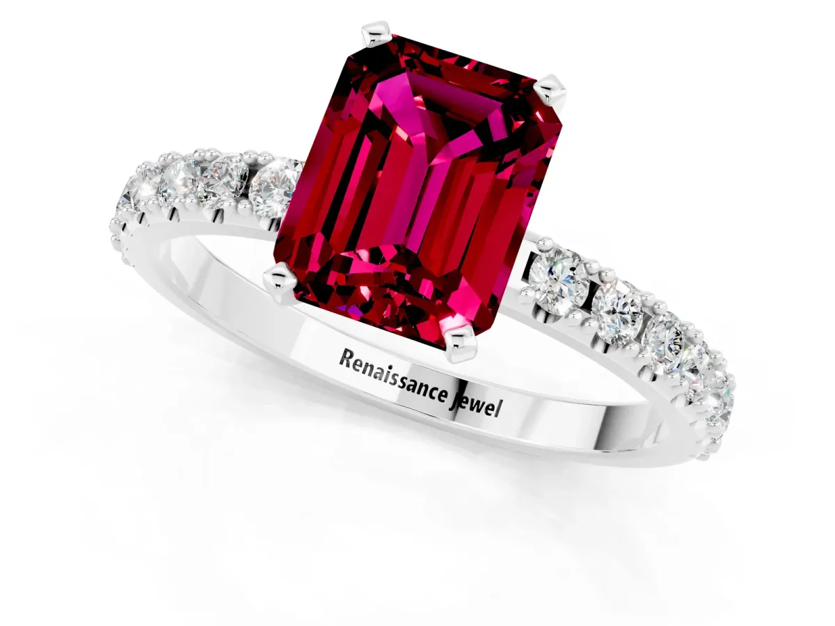 Emerald Cut Garnet Solitaire Pavé Band with Four-Prong Setting White gold