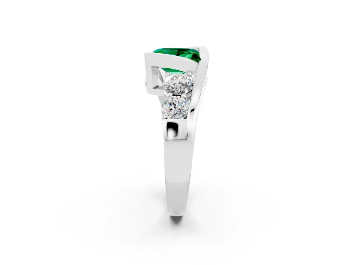 Bezel Set Princess Cut Emerald Bypass Ring with Round Accents Silver
