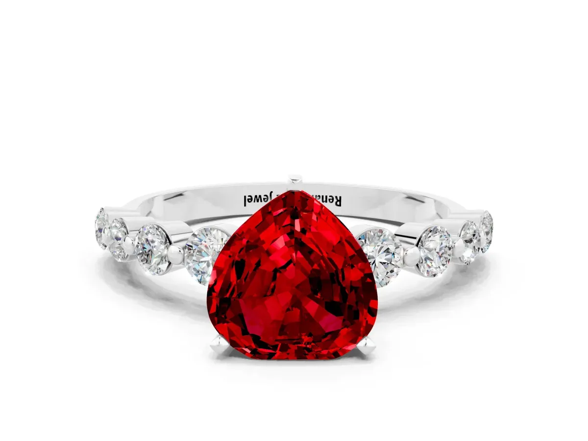 Heart Cut Solitaire Ruby Ring with Pave Band and Four-Prong Setting White gold