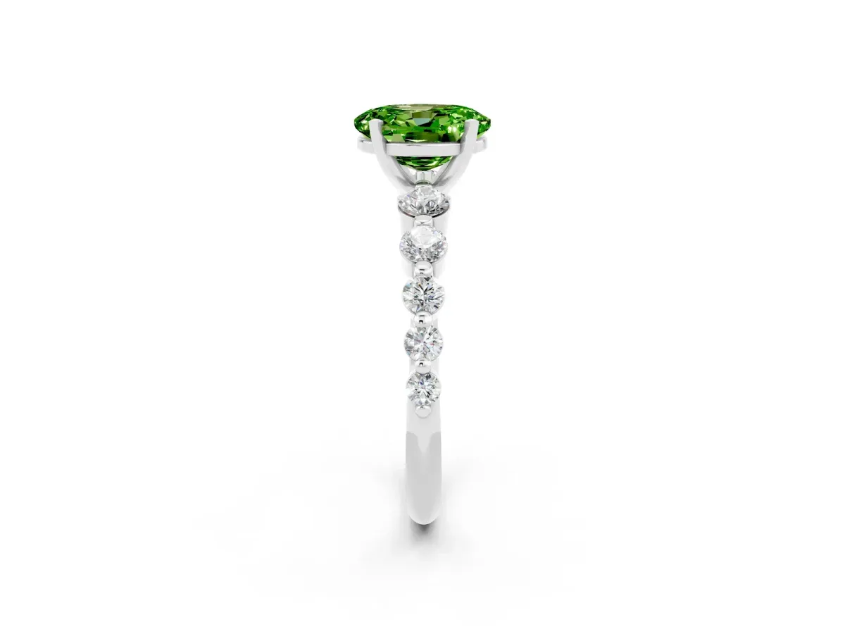Oval Cut Solitaire Peridot Ring with Pave Band and Four-Prong Setting Platinum
