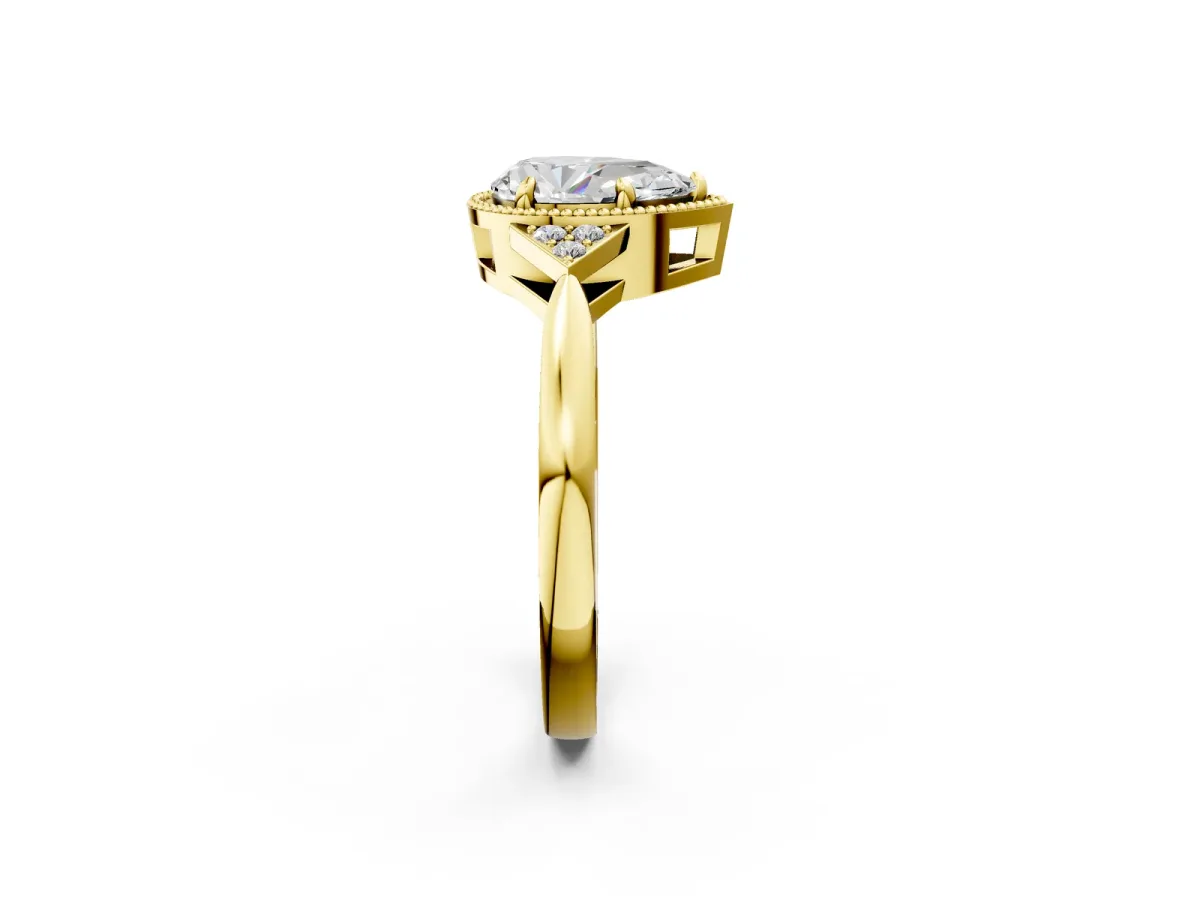 Milgrain Pear Cut Cut Diamond Ring with Tapered Pave Band and Four Prong Setting Yellow gold