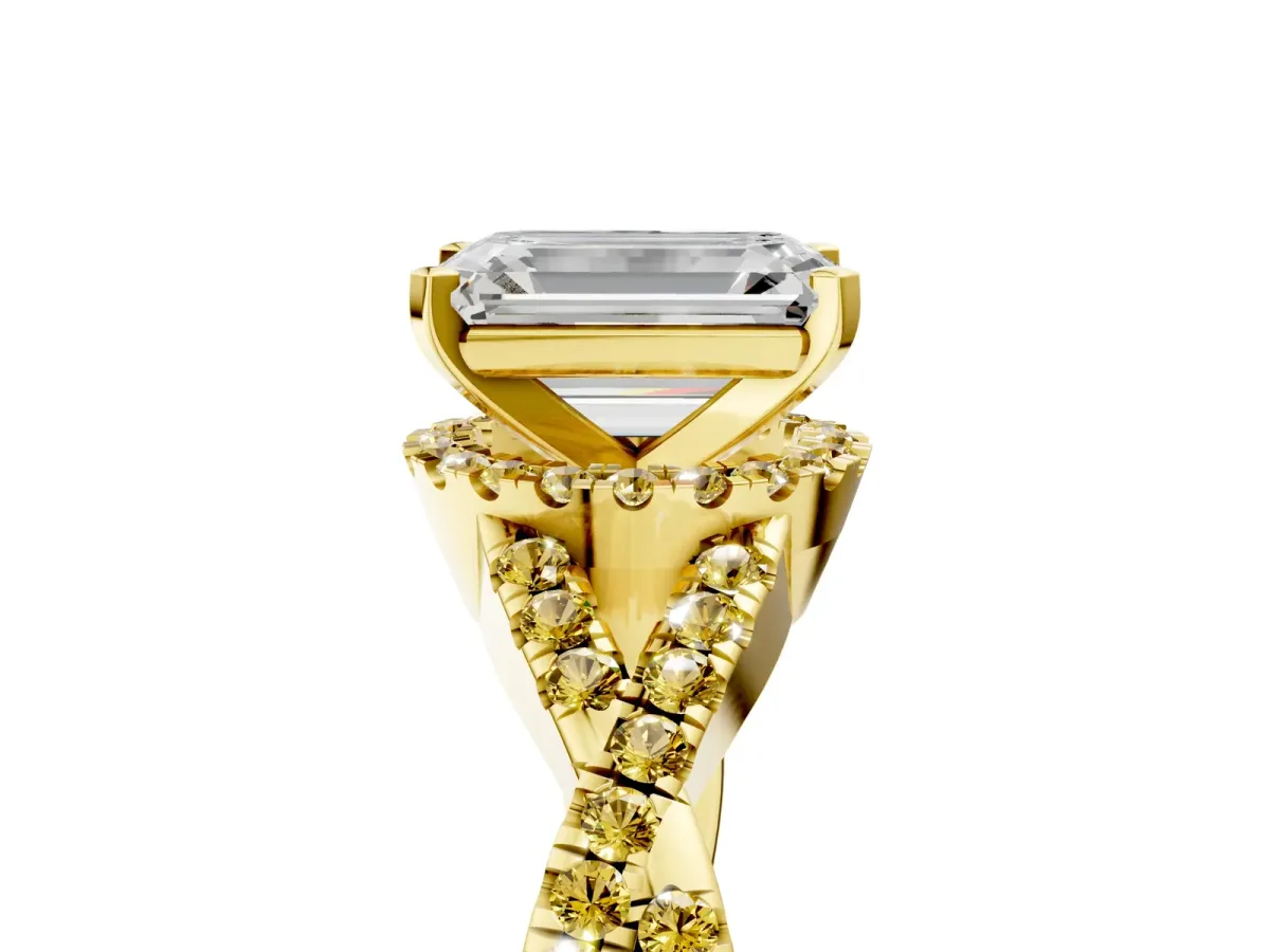 Emerald Cut Diamond Yellow Sapphire Halo Twist Band Solitaire Prong Setting Ring Yellow gold