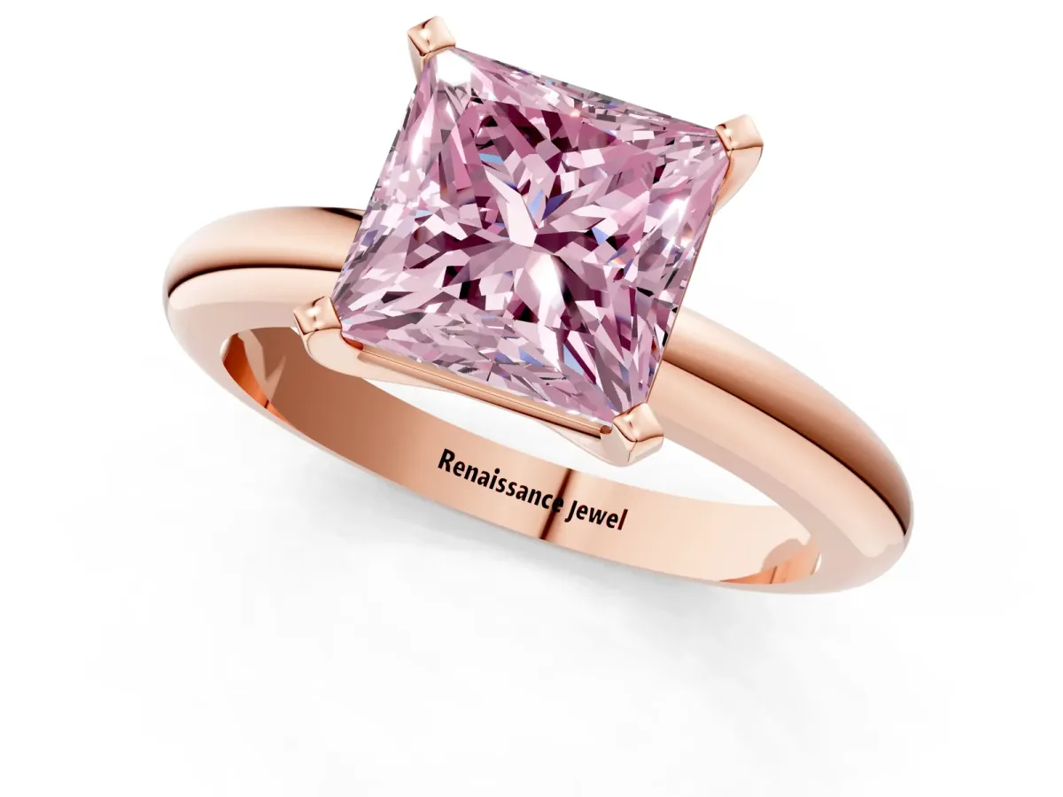 Fancy Pink Princess Cut Diamond Solitaire Engagement Ring with Round Band and Four-Prong Setting Rose gold