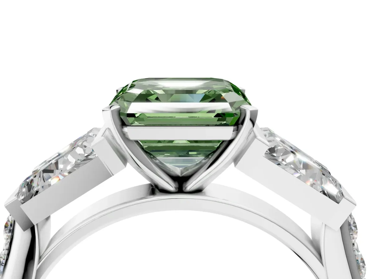 Fancy Green Asscher Cut Diamond Engagement Ring with Baguette Side Stones and Channel Set Band Platinum