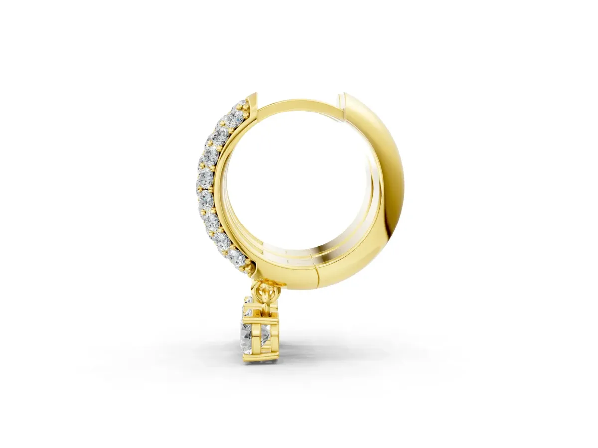 Round Cut Diamond Drop Huggie Hoop Earrings with Pavé Detailing Yellow gold