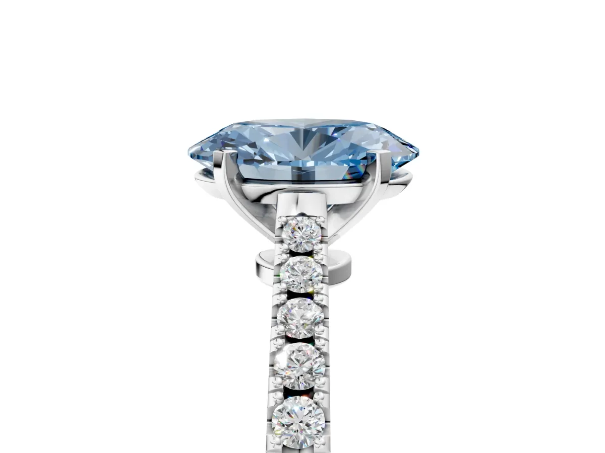 Fancy Blue Oval Cut Cut Solitaire Diamond Engagement Ring with Pave Band and Four-Prong Setting Silver