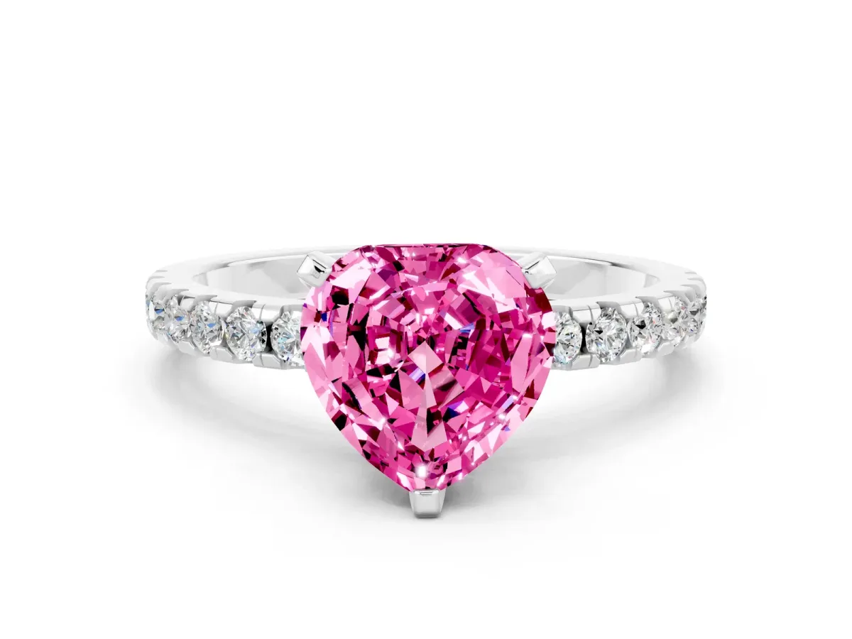Heart Cut Pink Sapphire Solitaire Ring with Round Pavé Band and Four-Prong Setting White gold