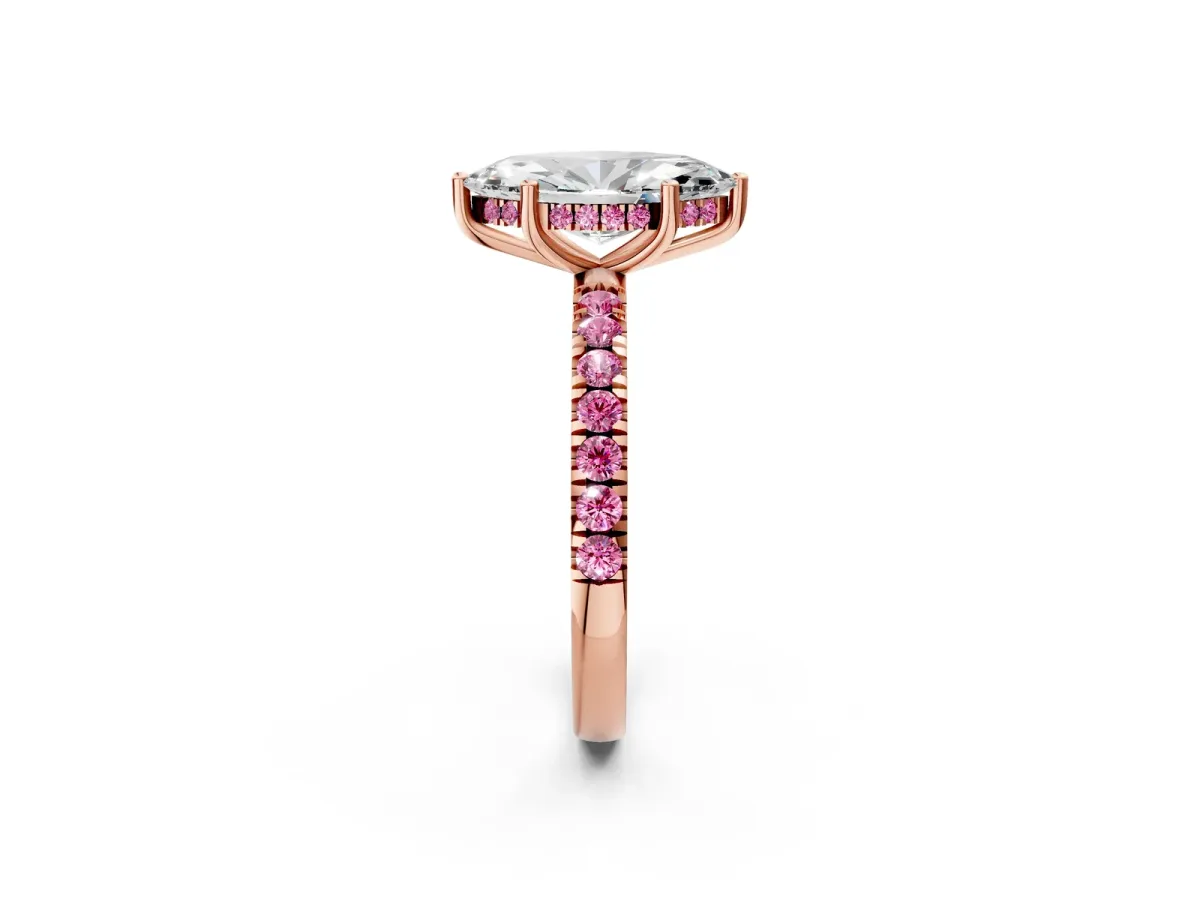Marquise Cut Diamond Pave Band Solitaire Ring with Round Pink Sapphire and Prong Setting Rose gold