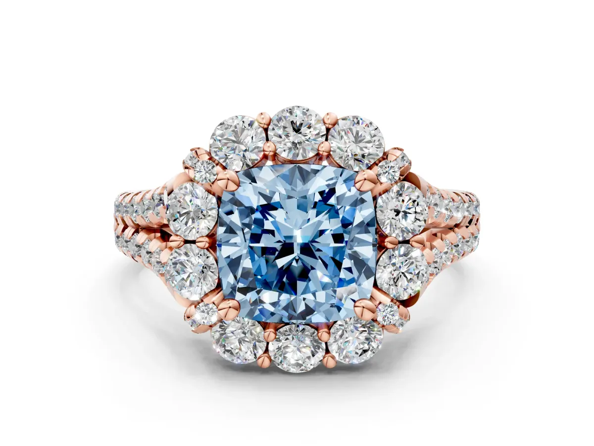 Fancy Blue Cushion Cut Halo Split Shank Diamond Engagement Ring with Pave Band and Four-Prong Setting Rose gold