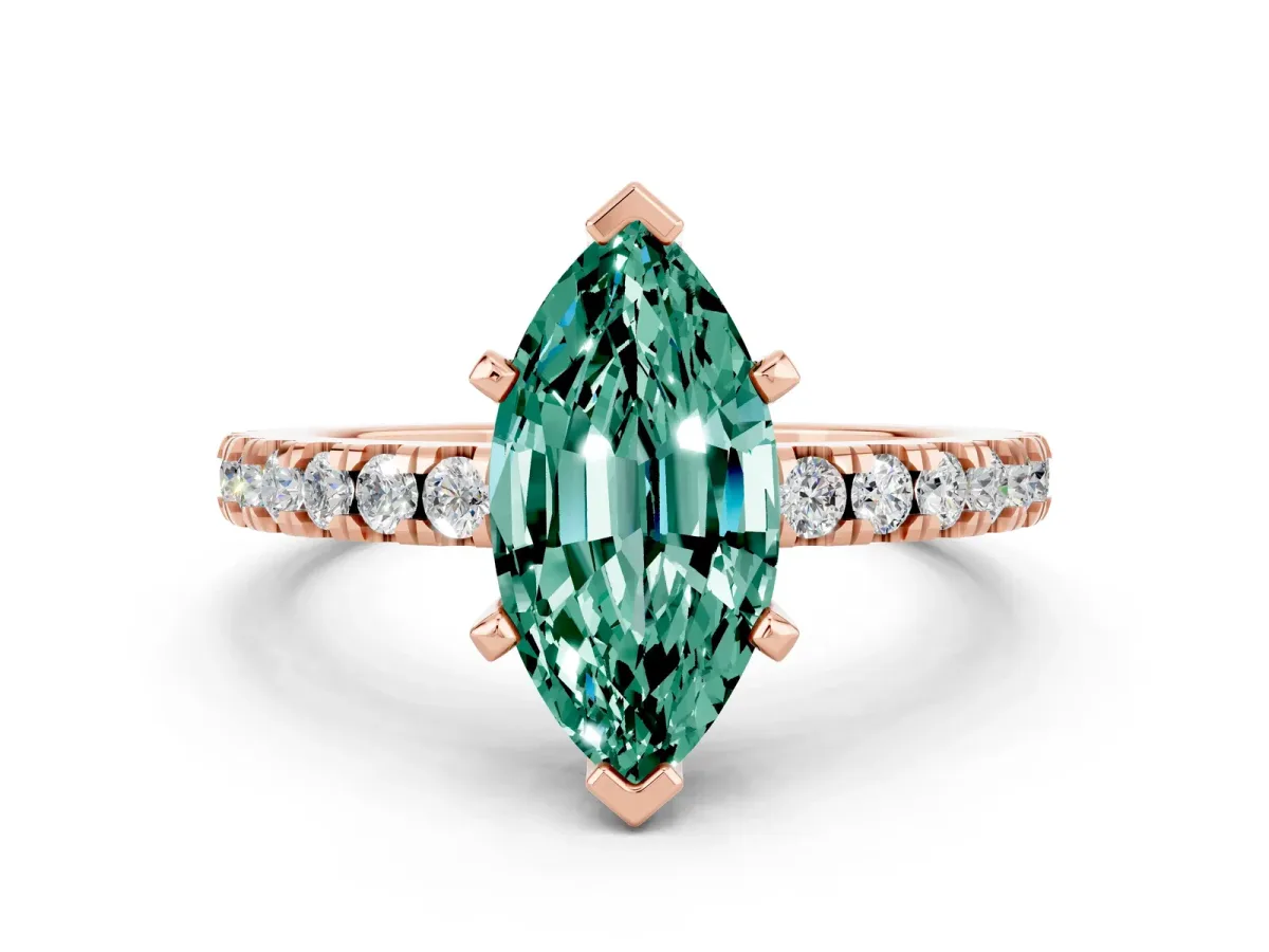 Marquise Cut Solitaire Green Sapphire with Pavé Band and Four-Prong Setting Rose gold