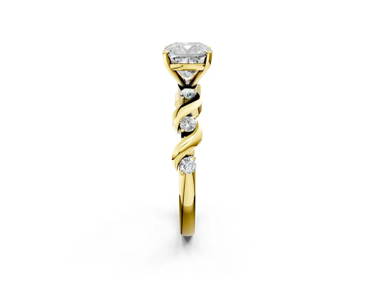 Cushion Cut Diamond Solitaire Twisted Band with Round Accents and Prong Setting Yellow gold