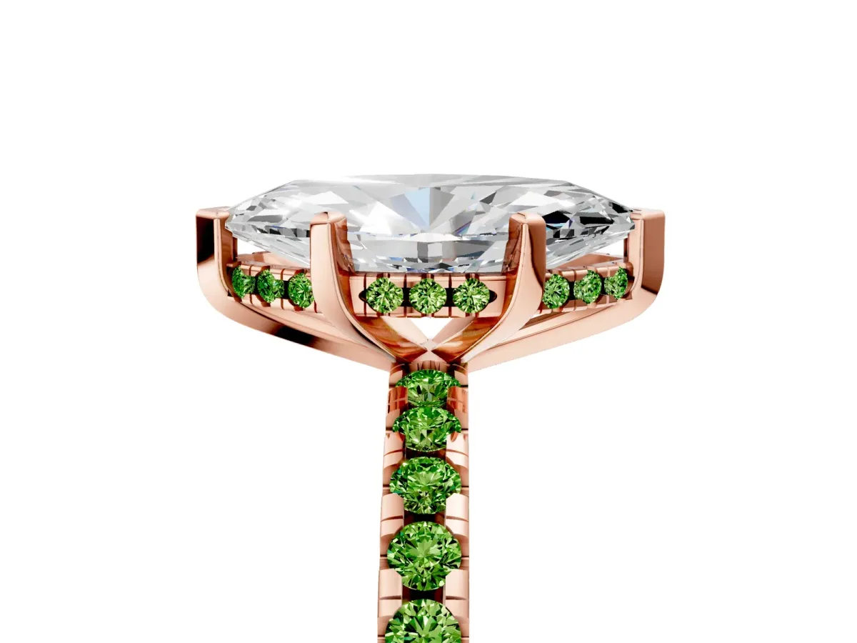 Marquise Cut Diamond Solitaire Ring with Round Peridot Pavé Band and Four-Prong Setting Rose gold