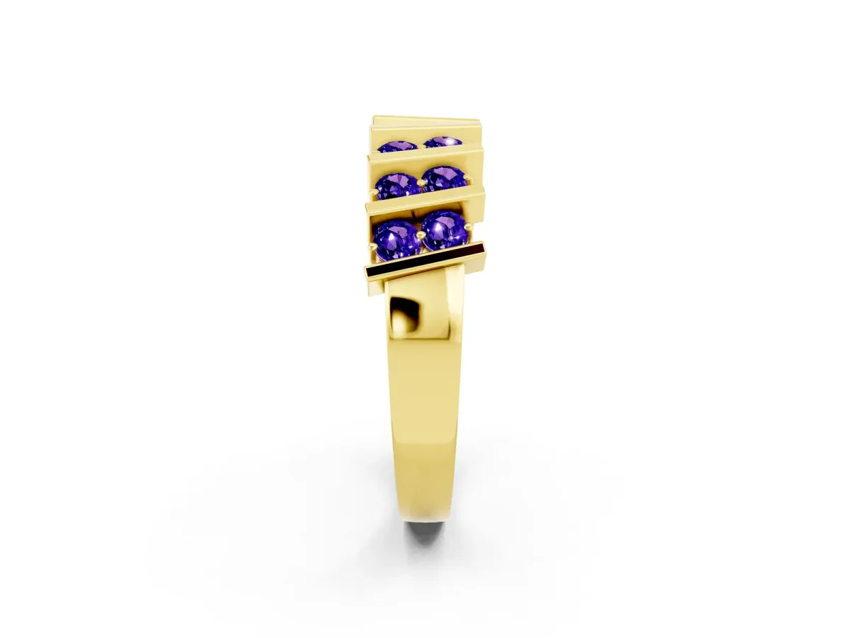 Channel Set Round Tanzanite Anniversary Band with Vertical Prongs Yellow gold