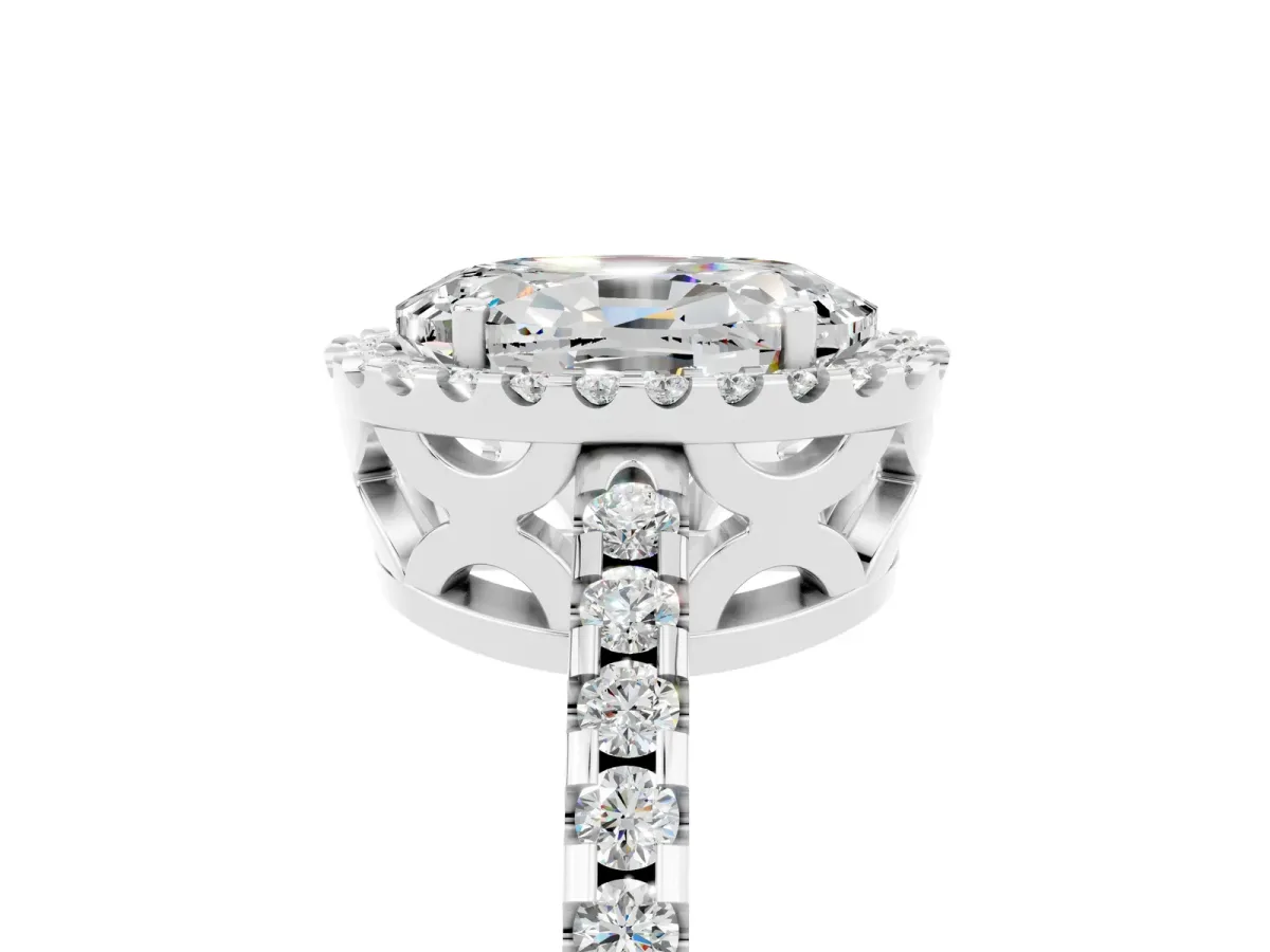 Oval Cut Moissanite Halo Engagement Ring with Pavé Band and Prong Setting White gold