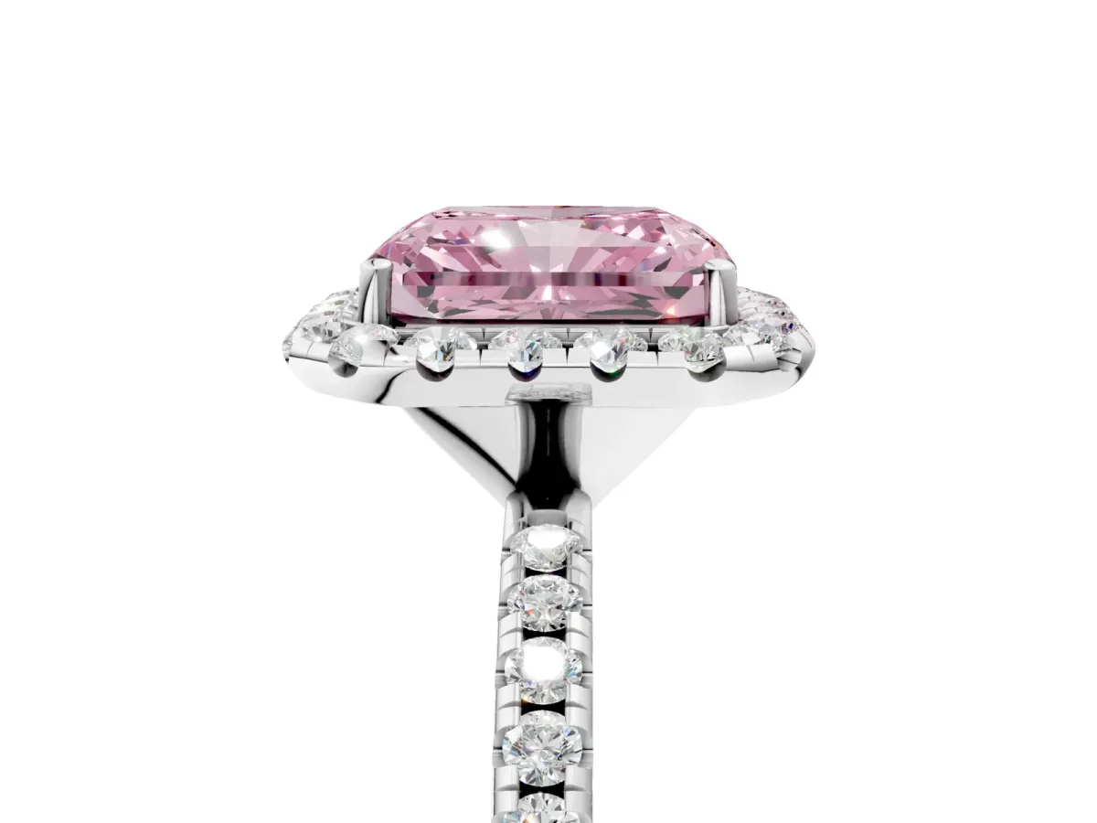 Fancy Pink Radiant Cut Diamond Halo Engagement Ring with Round Pavé Band and Prong Setting Platinum