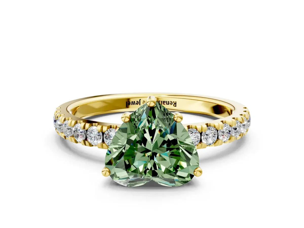 Fancy Green Heart Cut Diamond Pave Band Solitaire Ring with Round and Prong Setting Yellow gold